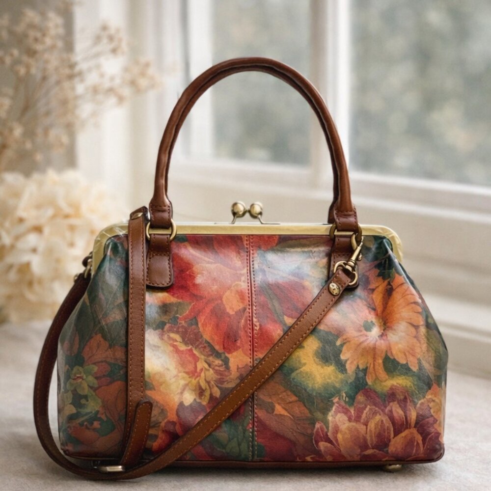 Patricia Nash Floral Leather Frame Robine Shoulder Crossbody Handbag Red Brown